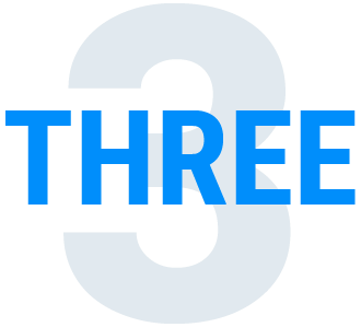 Transparent image background with the word "Three" on it with a blue text color overlapping a gray number "3"